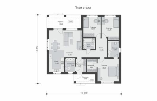 Одноэтажный дом террасой и просторной гостиной